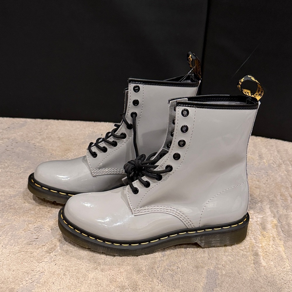 Dr. Martens Gray Patent Lace-Up Combat Boots